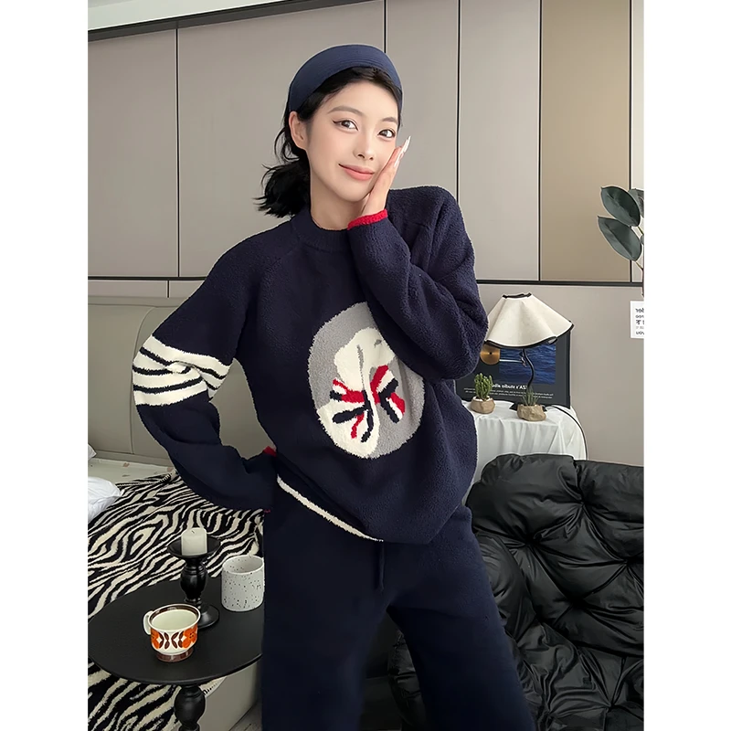 睡衣女士秋冬款冬季半边绒家居服加绒加厚保暖圆领套头