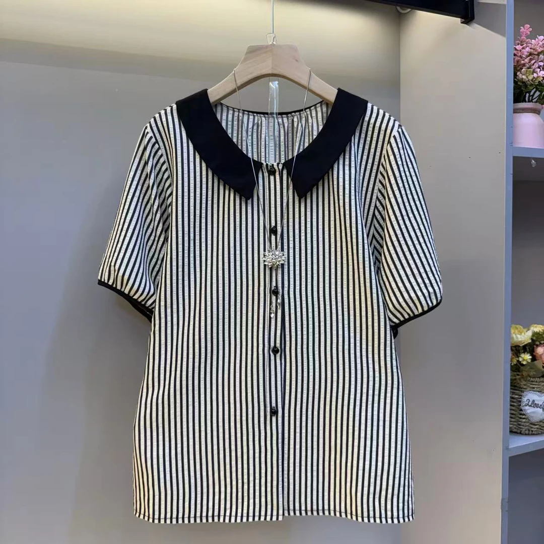 欧货2025夏季新款简约翻领大码女装气质条纹高级感衬衫