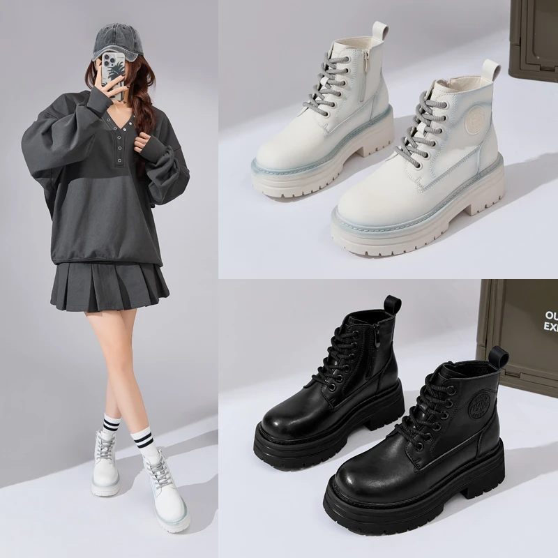 秋冬新款百搭英伦风马丁靴女复古机车厚底白色时尚加绒冬季工装靴