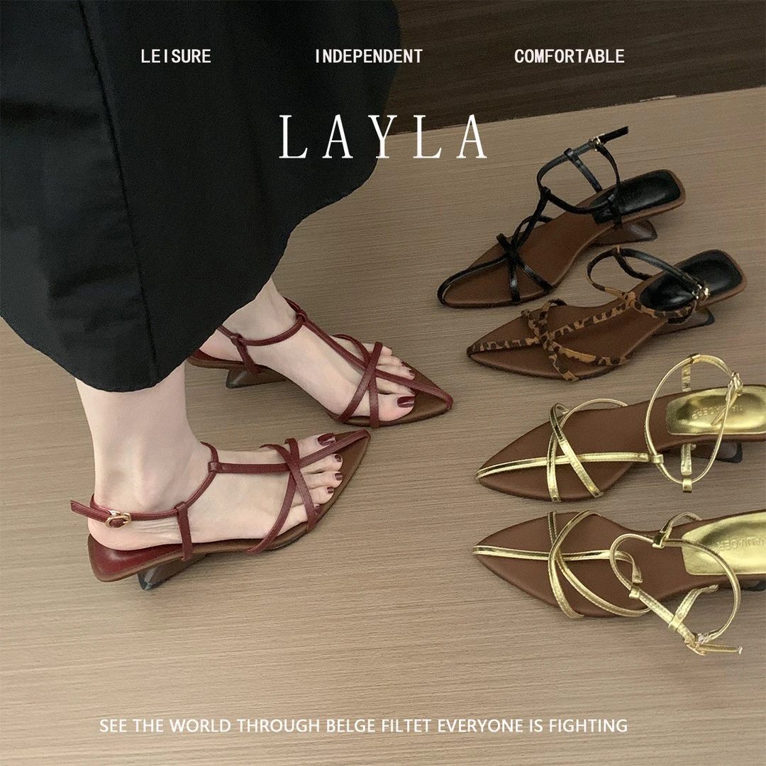 法式复古镂空凉鞋女时尚百搭绑带夏季新款设计感黑色中跟风罗马鞋