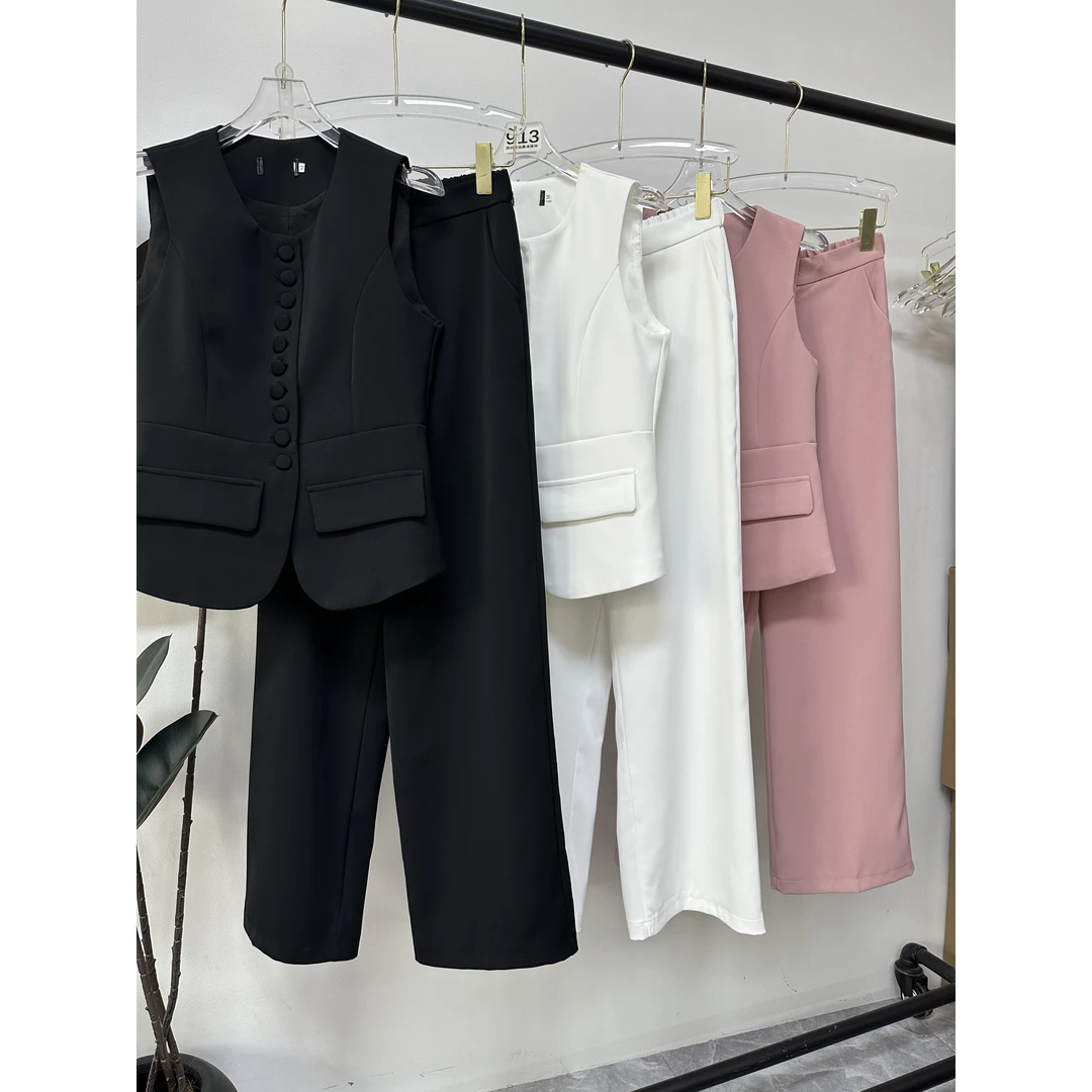 【晨浠定制】新款单排多粒扣收腰马甲高腰阔腿裤套装8696