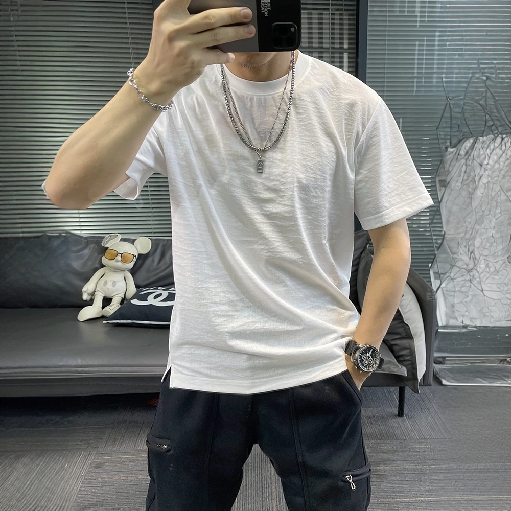 追属轻奢夏季棉麻短袖T恤男纯色凉感亚麻白色冰丝透气潮牌款男款