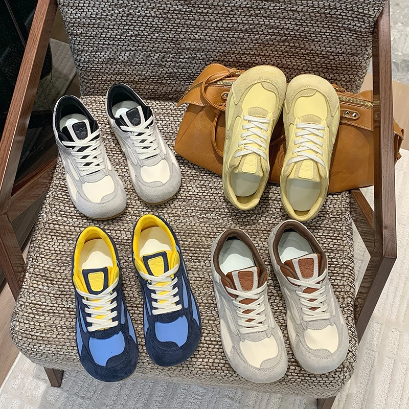 拼色透气芒果头软皮德训鞋女2025新款夏季薄款复古系带休闲阿甘鞋