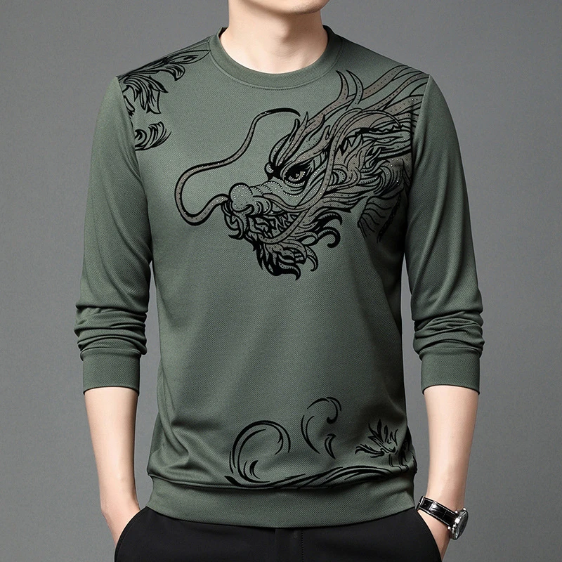三十秋中年男士长袖圆领印花T恤春秋季打底龙T-shirt大码时尚休闲