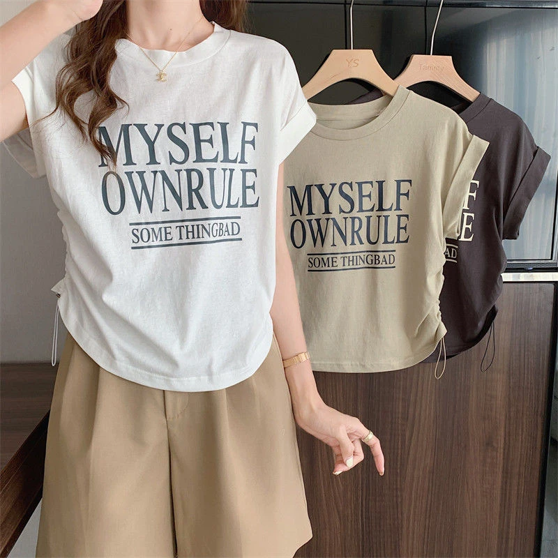 大码女装复古短袖t夏季长袖新款韩版宽松显瘦收腰抽绳设计透气上