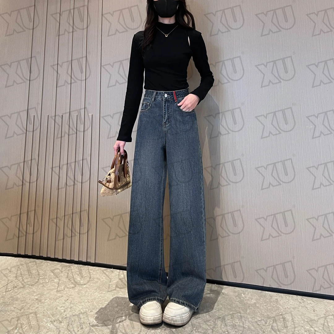 7464 Q纳米蓝水洗牛仔裤女冬季高腰直筒裤遮肉复古显瘦阔腿长裤