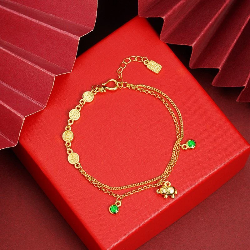 黄铜手链 平安喜乐圆牌小象吊坠手串女流苏复古不掉色时尚女款