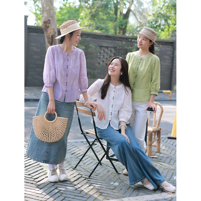 红念文艺苎麻衬衫女长袖休闲宽松夏季2025年轻薄透气女装气质上衣