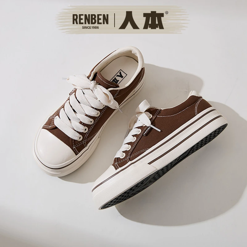 人本厚底帆布鞋女2025秋季新款百搭板鞋子韩版学生复古极简低帮鞋