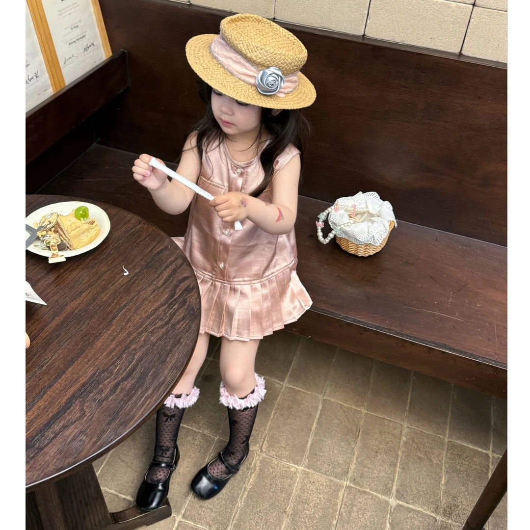 《现货》女童连衣裙2025夏季新款韩版洋气单排扣背心拼接百褶裙