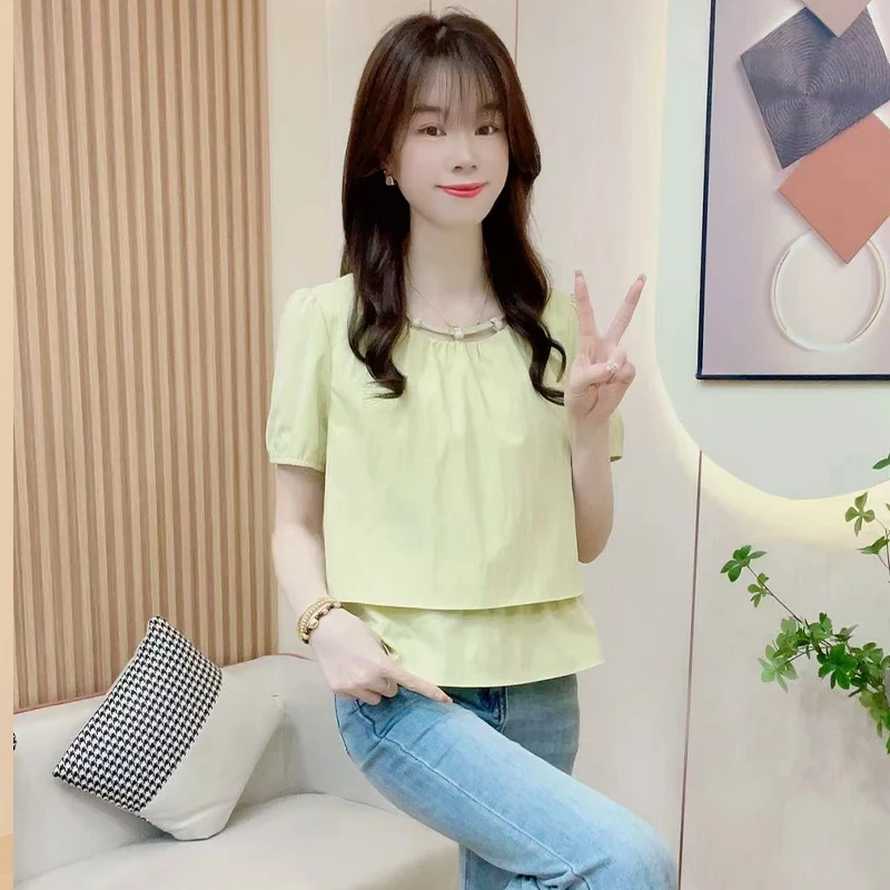 设计感时尚纯色拼接短袖t恤女2025年夏季新款洋气减龄显瘦上衣潮