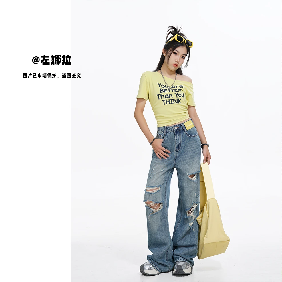 年中宠粉【CPO512】2025夏季新款破洞直筒牛仔裤