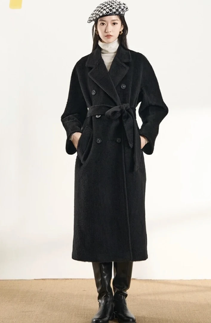 95新 MaxMara  bb1605 羊毛 101801系列黑色系带双排扣羊毛大衣38
