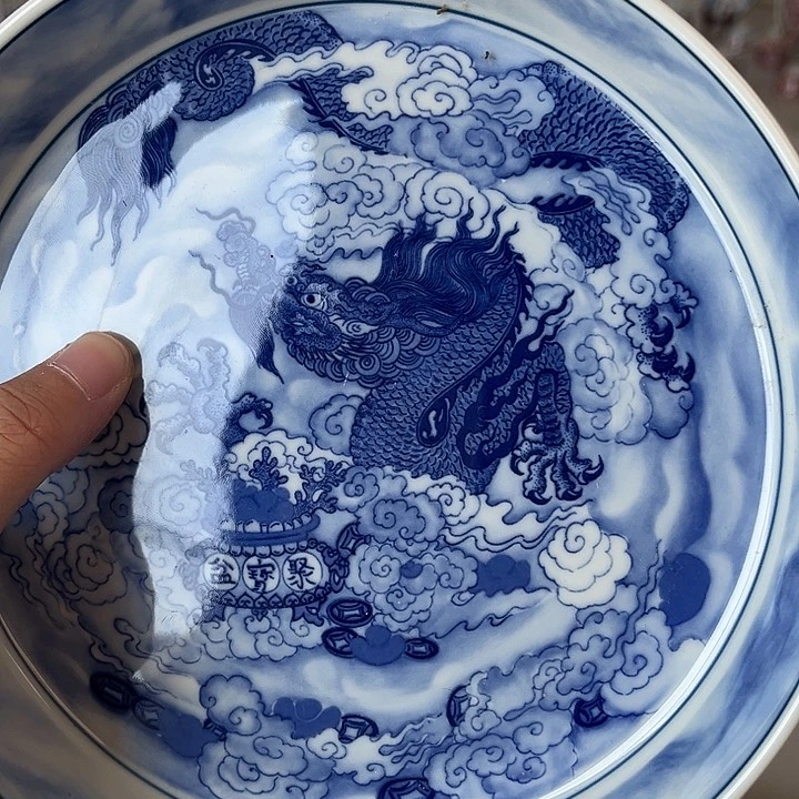 摆件景德镇青花腾龙献宝大壶承微瑕