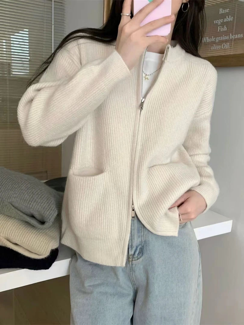 秋冬加厚双拉链隐形口袋针织开衫