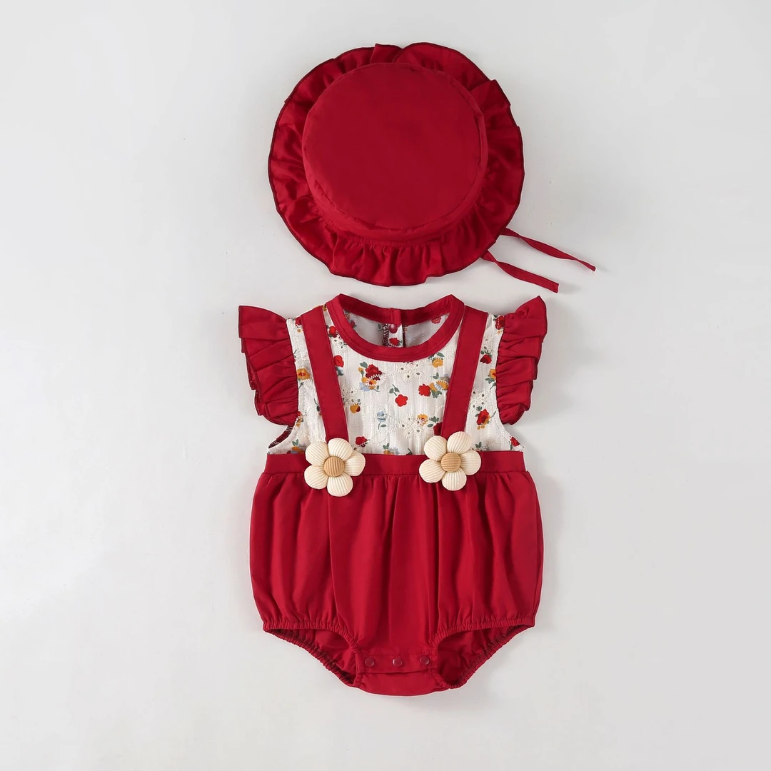 夏天儿童连体衣新生儿半背哈衣红色薄款花朵短袖无骨工艺爬服满月