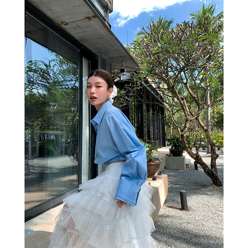 【蓝色冰泉】蓝色polo领长袖衬衫女春短款露脐上衣4097