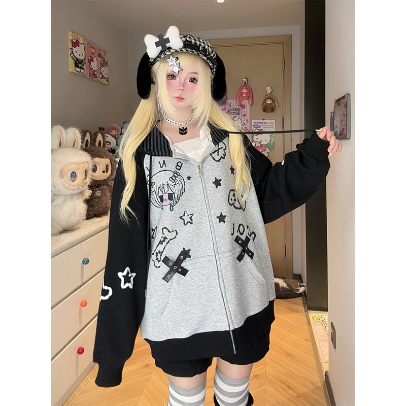 凛可爱 小众甜酷亚萌卡通印花长袖外套女宽松休闲百搭连帽卫衣秋