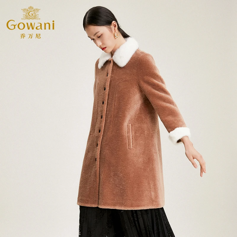 100%绵羊毛乔万尼颗粒绒大衣中长款呢子外套水貂毛领大衣EN4A796