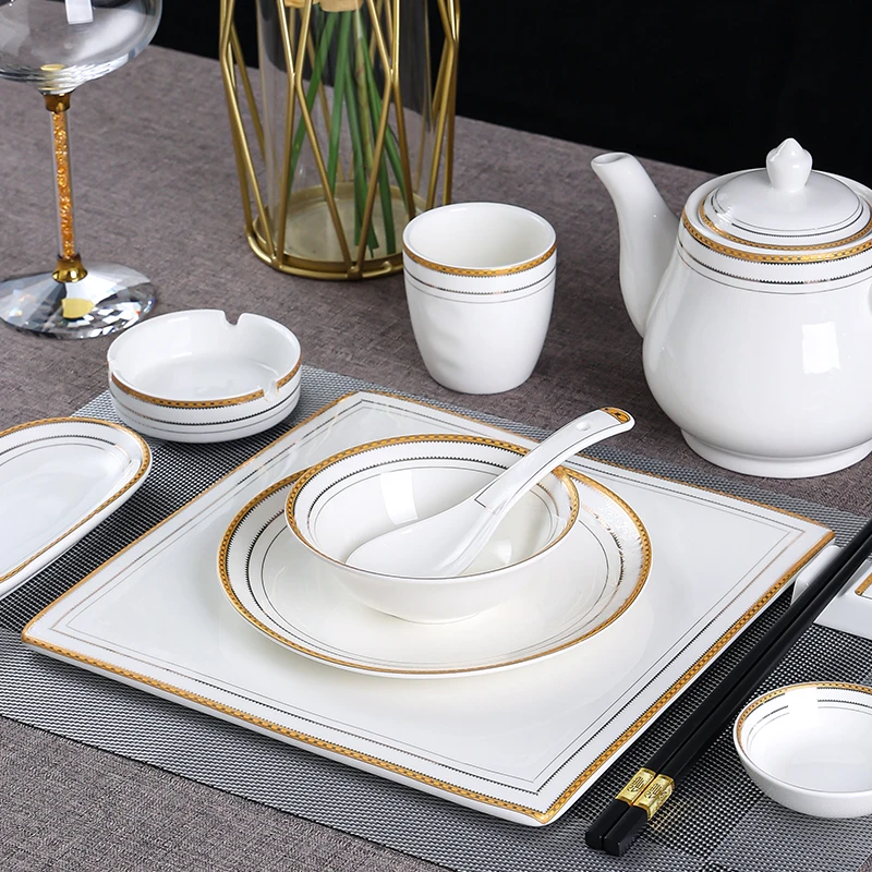 星级酒店餐具摆台陶瓷餐具套装金边描金盘高档会所饭店包厢餐厅用