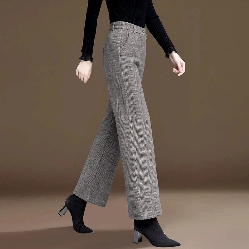 啄木鸟毛呢妈妈阔腿裤女小个子春秋加绒加厚九分窄版直筒呢子裤