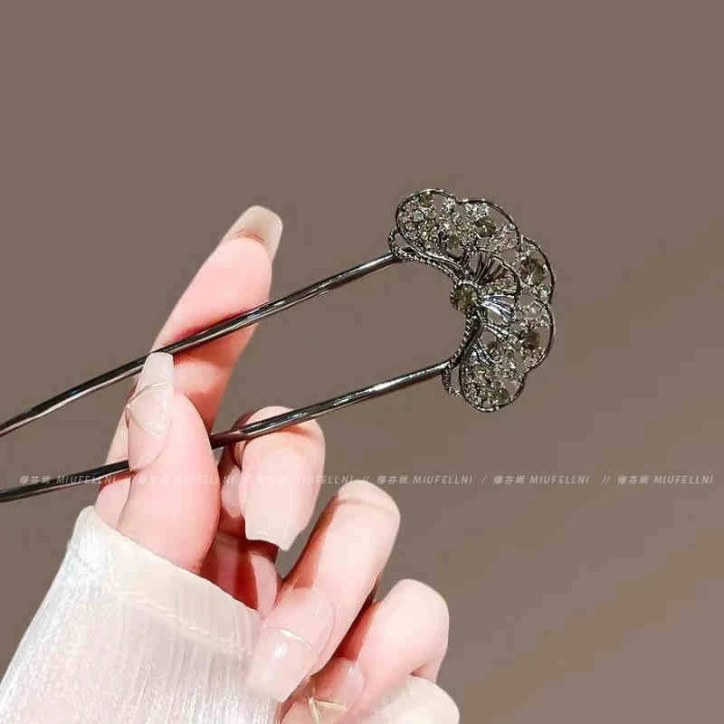 高级感扇形水钻汉发簪女新中式现代简约盘发簪子个性U型插梳发钗