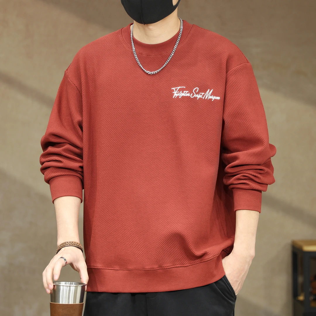 高端360g重磅圆领卫衣男潮牌宽松大码春秋印花上衣砖红色套头长袖