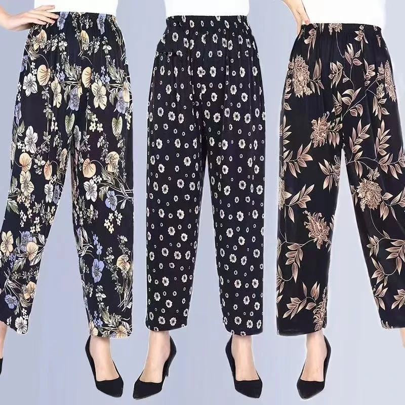夏季冰丝九分裤中老年妈妈裤老年人花裤子弹力透气款休闲裤防蚊裤