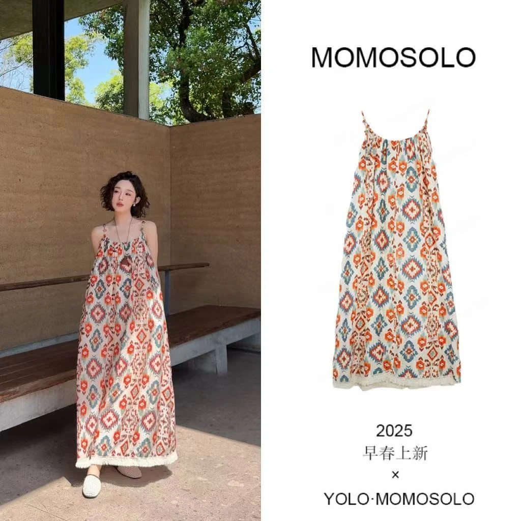 •藏花•进口天丝亚麻波西米亚菩提树叶图腾异域吊带连衣裙YM1636