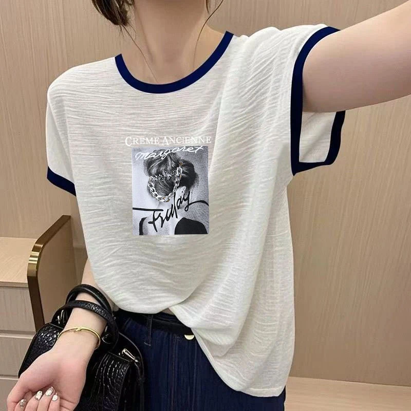 竹节纯棉夏季圆领短袖印花t恤女士2025新款韩版休闲百搭大码上衣