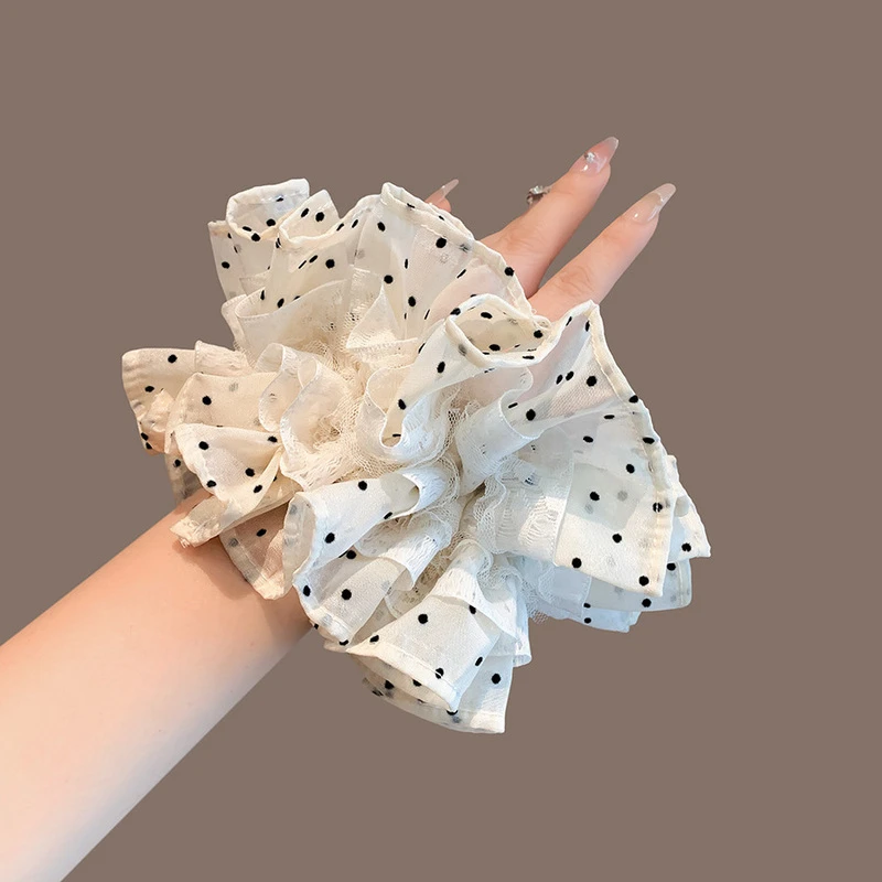 韩国气质波点褶皱大肠发圈时尚文艺感蕾丝边扎马尾丸子头头绳发饰