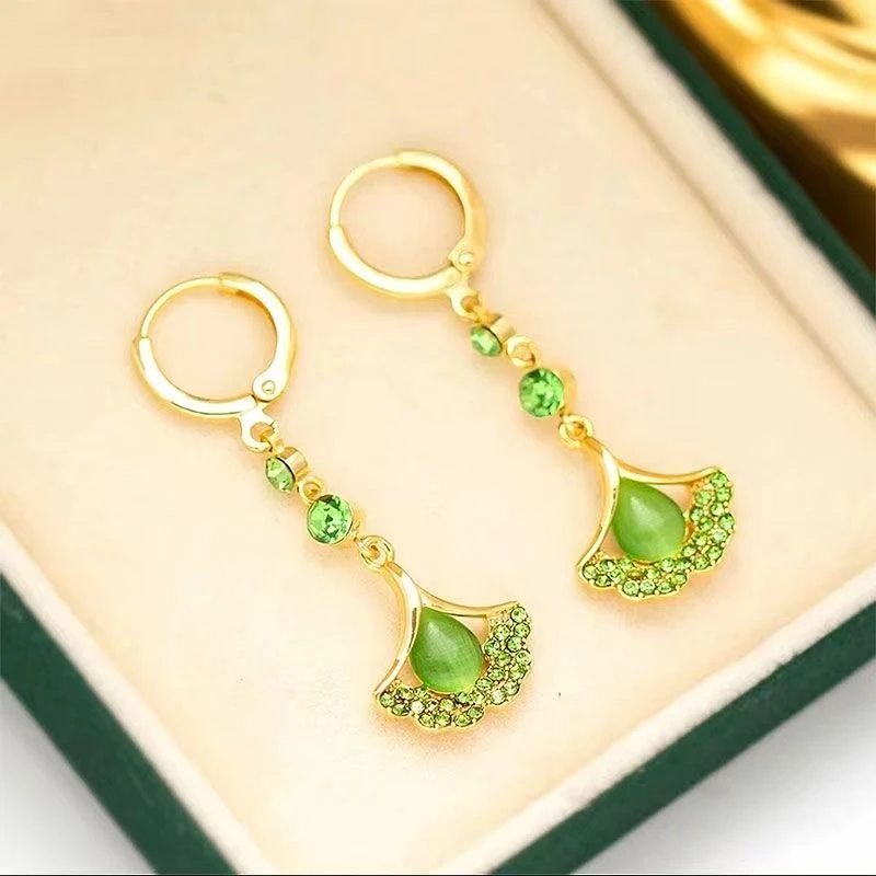 非金属仿水晶耳饰 银杏叶耳扣绿色高档耳坠时尚气质百搭耳饰女