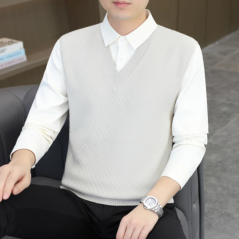 秋季新款针织抗起球时尚韩版针织毛衣衬衫领假两件男装最新款潮款