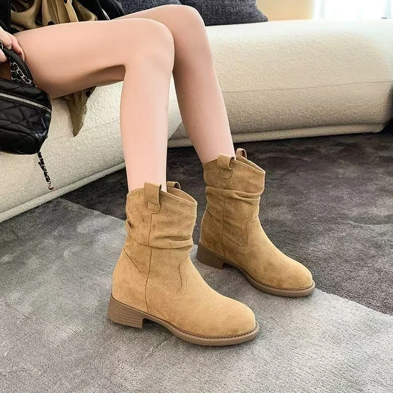 2025新款短靴女加绒时装靴短筒骑士靴秋冬百搭网红中筒靴英伦风