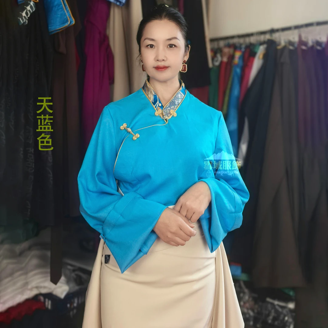 藏族棉麻花边V领衬衣百塔上衣锅庄舞表演服演出服装不含其他