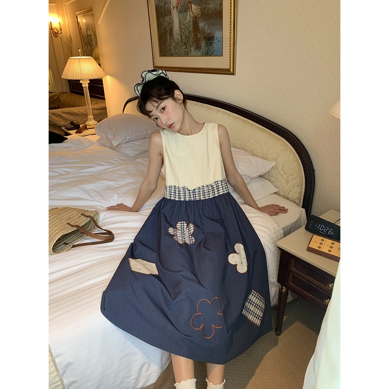 Jiang jam/姜姜姜酱复古少女拼接绣花背心裙连衣裙
