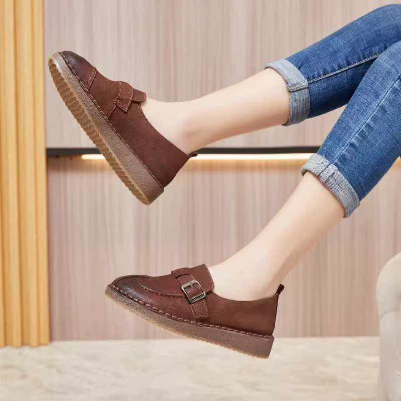 春季耐脏豆豆鞋圆头复古纯皮单鞋松糕底防滑单鞋