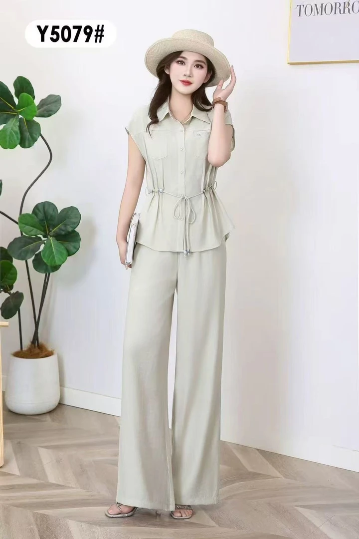 潮休闲洋气显瘦减龄2025夏新款女时尚气质系带衬衫阔腿裤两件套