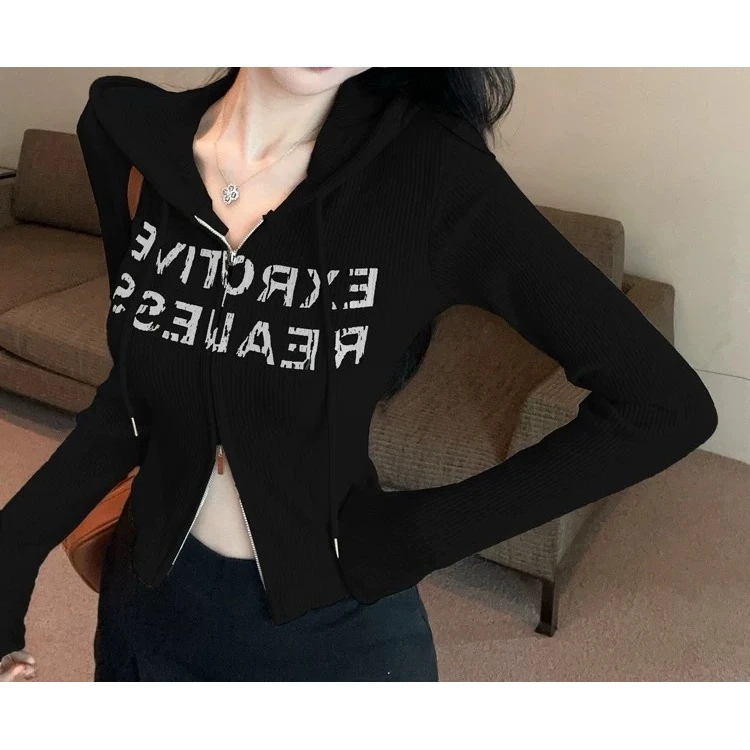 （倩倩）酷飒拽姐短款上衣春秋连帽打底衫拉链开衫外套1003