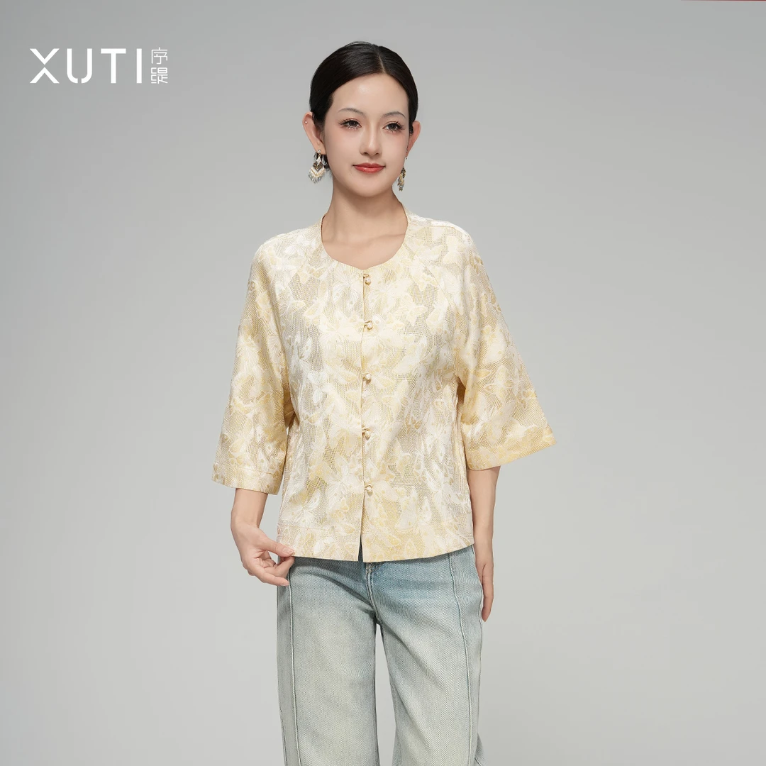 序缇夏季新款新中式女装四经绞罗非遗桑蚕丝上衣J37-12877
