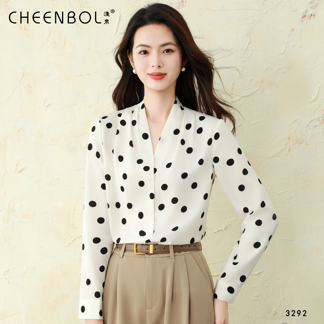 3292时尚波点显瘦衬衫女秋新款宽松上衣气质小衫长袖V领衬衣