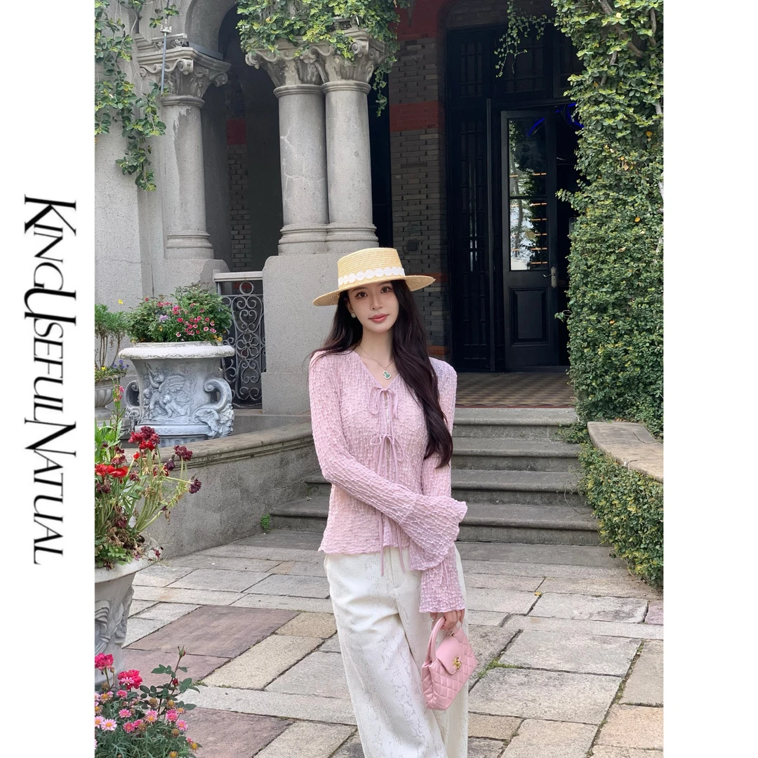 KUN【半熟恋人】慵懒瞬间 紫色V领防晒蕾丝衬衫女夏季喇叭袖开衫女