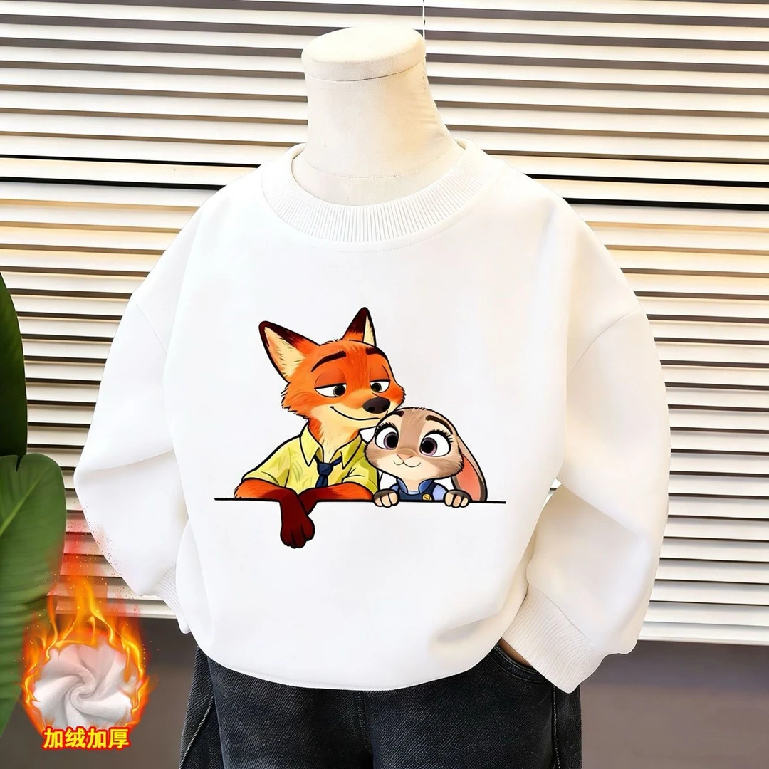 疯狂动物城尼克朱迪卡通红色卫衣男女童可爱洋气加绒圆领卫衣上衣