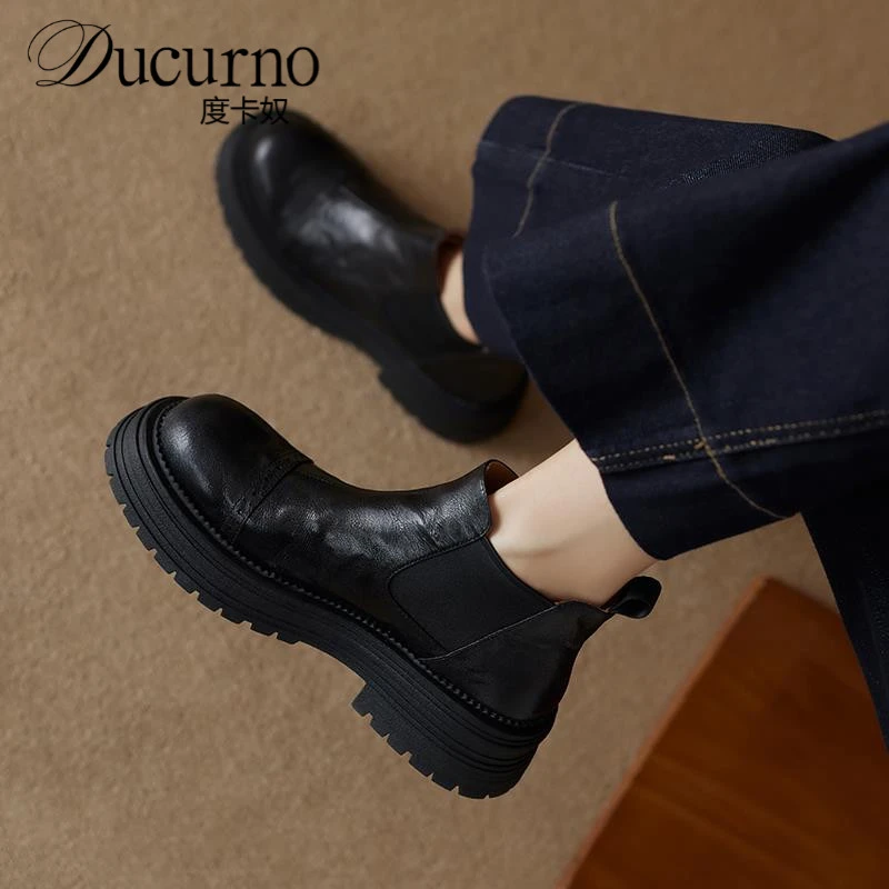 真皮圆头切尔西短靴女2025秋英伦风踝裸靴厚底马丁靴秋冬百搭靴子