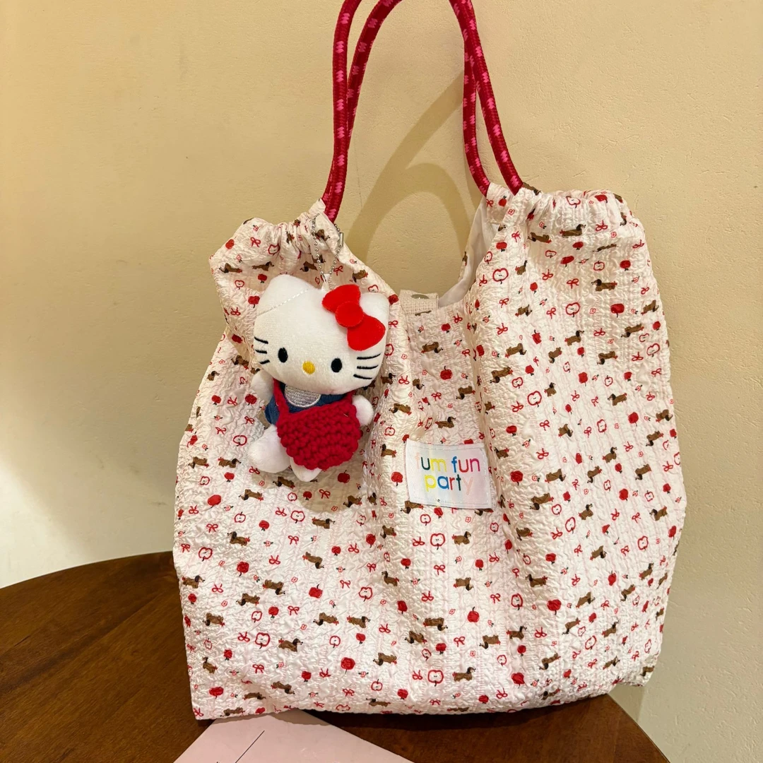 可爱红苹果小狗刺绣帆布包女2025新款大容量单肩托特包通勤手提袋