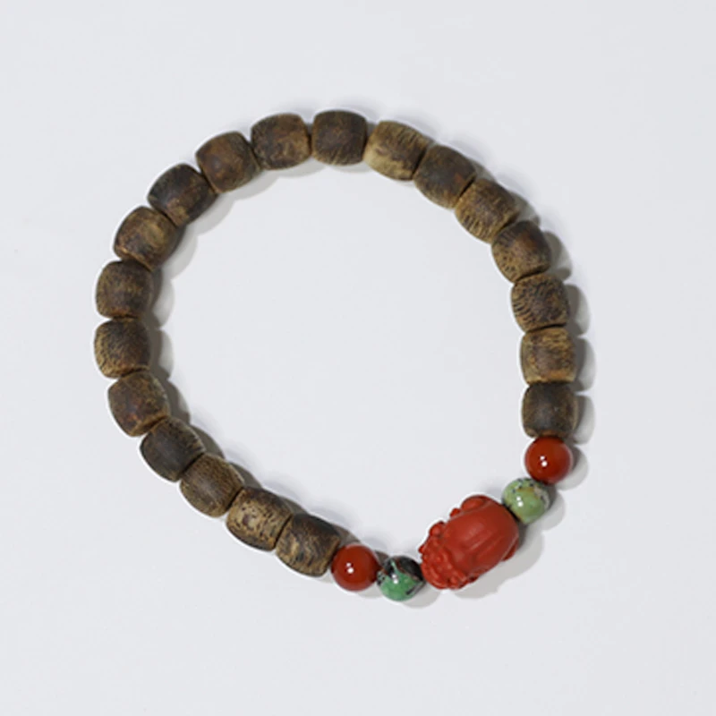 沉香【貔貅】中式单圈复古文玩手链转运珠南红玛瑙椭圆珠沉香手串