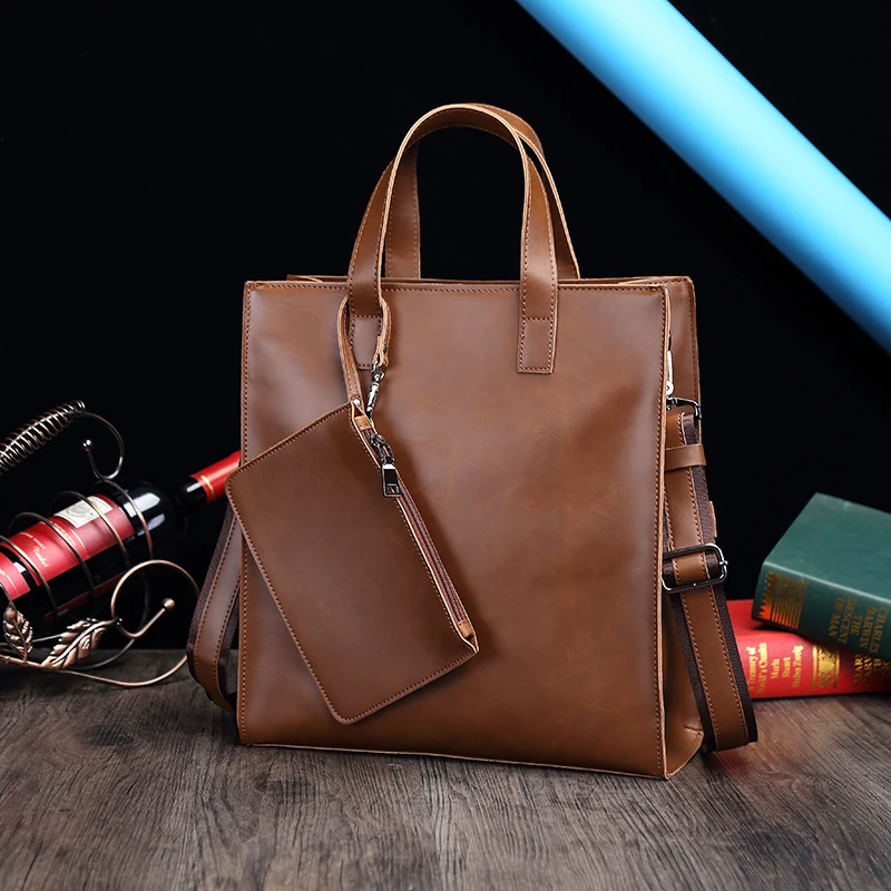 疯马皮单肩包多功能手提包大容量复古皮质斜挎包男士托特包简约