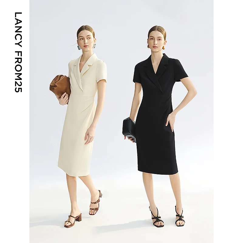 朗姿法式裙子独特2025夏新款收腰高知白色气质高级感西装领连衣裙