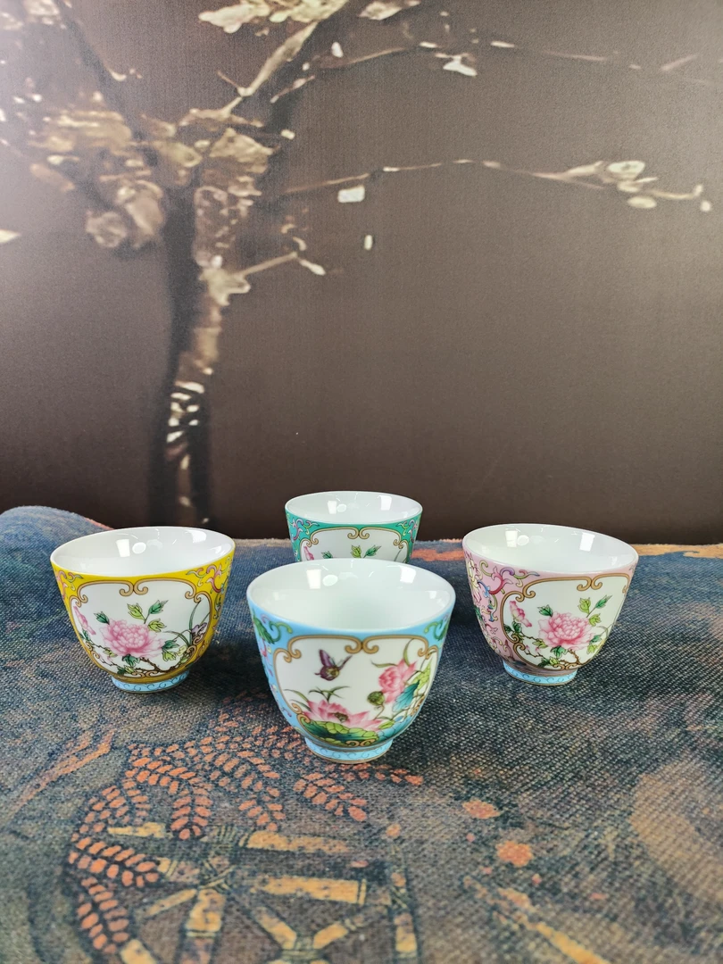 珐琅彩万花品茗杯四杯（粉、黄、蓝、墨绿）-ZH1871