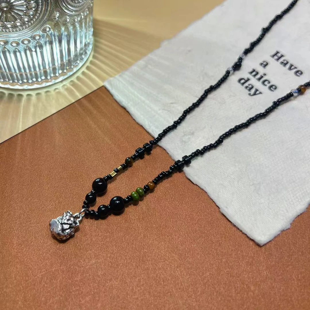 铜项链 Gaga｜新中式黑色国风醒狮串珠项链男女款高级感